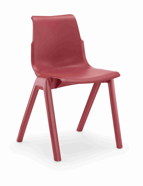 Ergostak Chair, sleek ergonomic design for classrooms, red all-plastic structure.