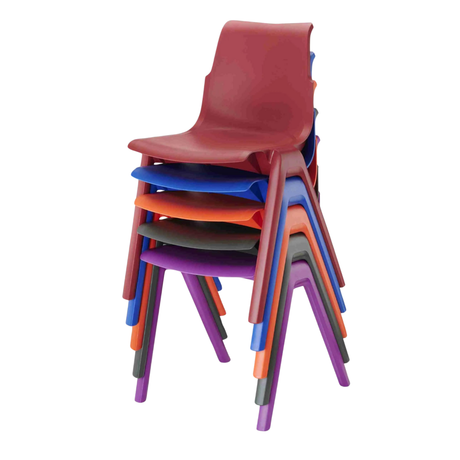 Stacked Ergostak chairs in various colors showcasing ergonomic design and durability.