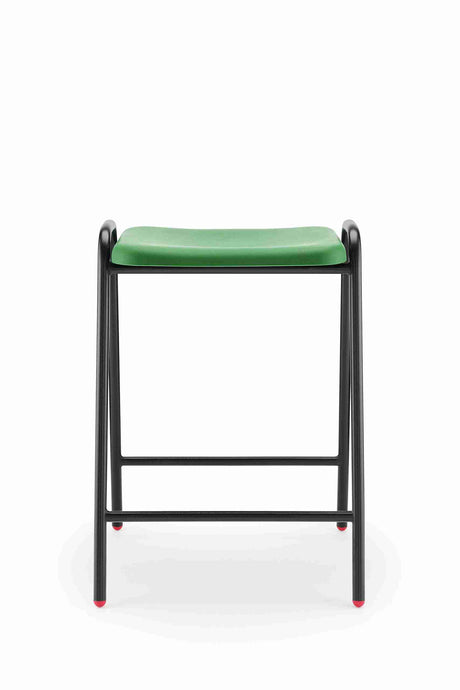 Hille Polypropylene Flat Top stool with durable steel frame and green seat suitable for labs and testing environments.
