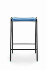 Hille Polypropylene stool with blue flat top and durable steel frame.