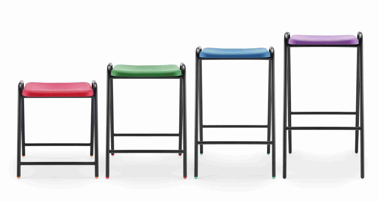Hille Polypropylene Flat Top stool in various colors.