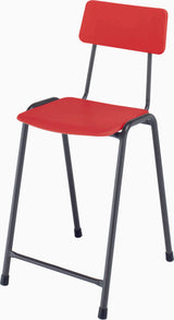 Red MX05 stool seat and back with durable polypropylene design, steel frame, and stackable feature.