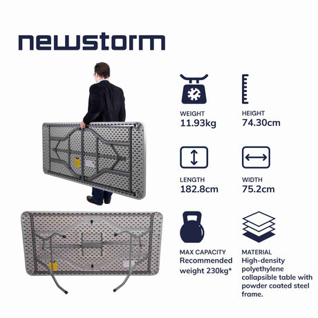 Newstorm 6ft solid rectangle polypropylene table with folding legs, featuring high-density material and powder-coated steel frame; illustrated with dimensions and weight capacity details.