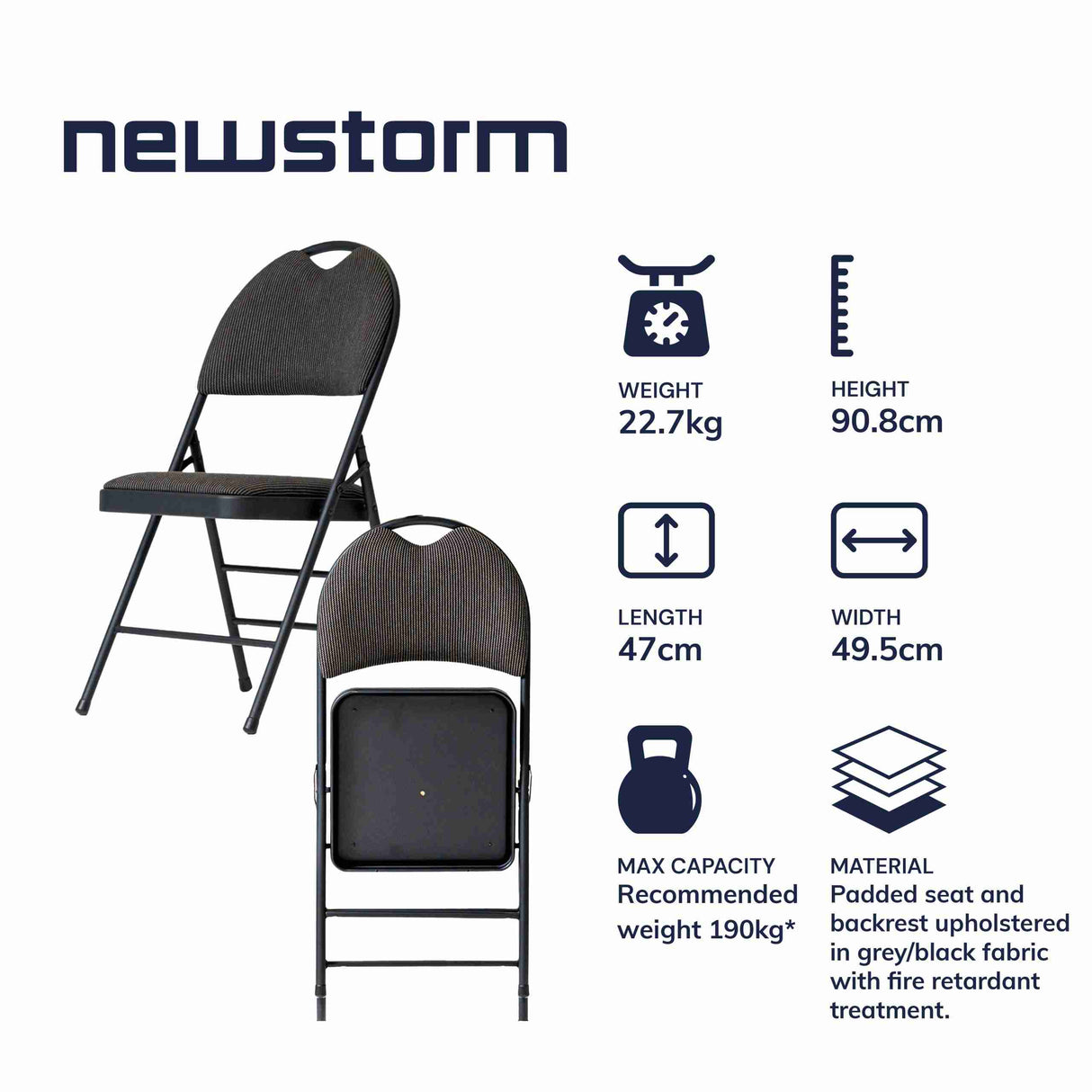 Bulk 10 pack of Newstorm padded fabric black folding chairs with dimensions and weight information, ideal for events.