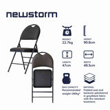Bulk 10 pack of Newstorm padded fabric black folding chairs with dimensions and weight information, ideal for events.