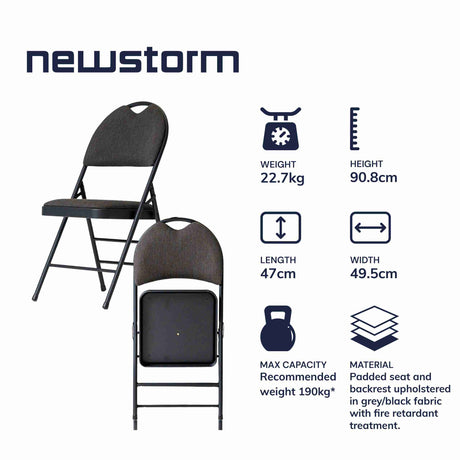 Bulk 10 pack of Newstorm padded fabric black folding chairs with dimensions and weight information, ideal for events.