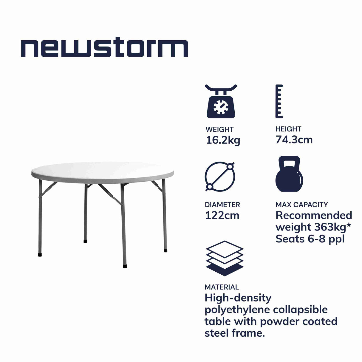 BULK 10 PACK Newstorm 4ft round polypropylene folding table with steel frame, durable, lightweight, suitable for events and outdoor use.