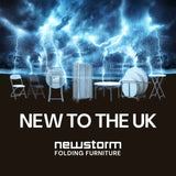 Newstorm Stretch Table Cover range in stormy background, featuring folding furniture.