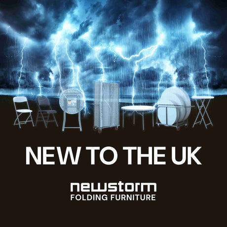 Newstorm 6ft Solid Rectangle Polypropylene Table and Folding Chairs Set with vibrant background, highlighting durability and portability.