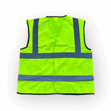 High visibility reflective safety vest in bright yellow with dark reflective stripes.