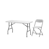 5ft solid rectangle polypropylene table with folding legs and four folding chairs, ideal for events, durable and lightweight.