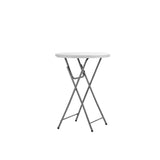 Polypropylene poseur cocktail table with folding legs for events and gatherings.