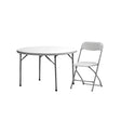 4ft round polypropylene table with folding legs and Ascot chair set of 8, ideal for outdoor events and indoor functions, Newstorm table.