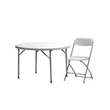 4ft round polypropylene table with folding legs and Ascot chair set of 8, ideal for outdoor events and indoor functions, Newstorm table.