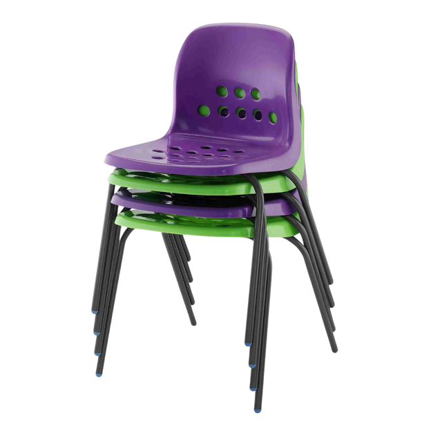 Stacked purple and green Pepperpot chairs with durable design and high-grade steel frame.