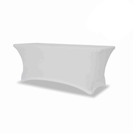 White stretch table cover for 6ft polypropylene table, ideal for events, made with durable fabric, offers a neat fit.