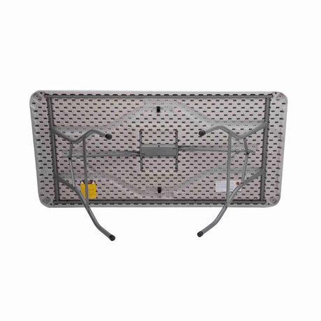 Newstorm 5ft solid rectangle polypropylene table with folding legs, underside view, showcasing durable construction.