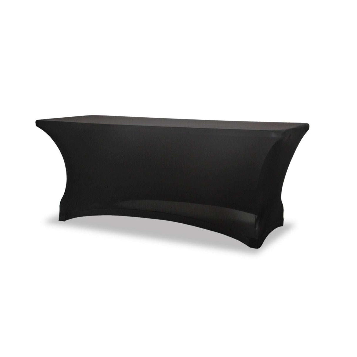 Black stretch table cover for 6ft polypropylene tables, ideal for events and exhibitions, made from durable fabric.