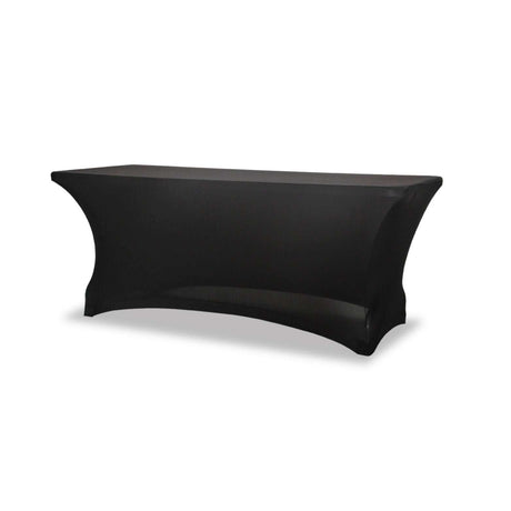 Black stretch table cover for 6ft polypropylene tables, ideal for events and exhibitions, made from durable fabric.
