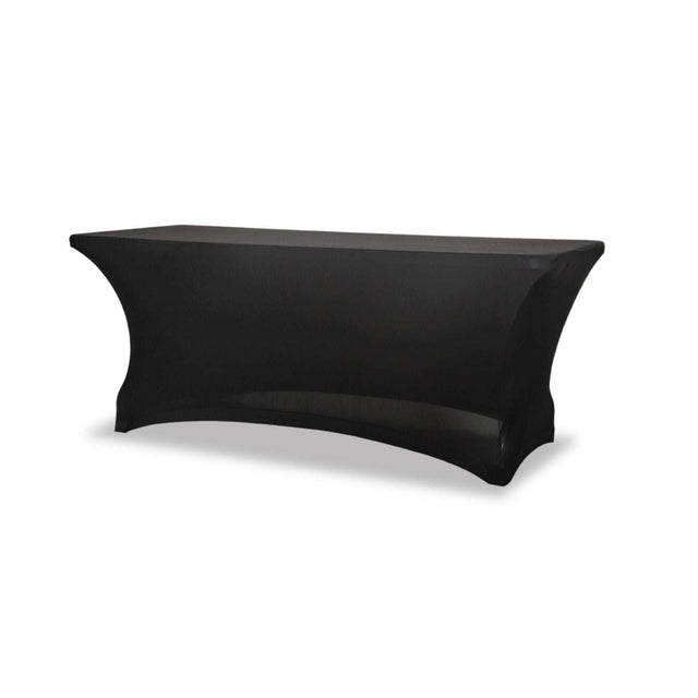 Black stretch table cover for 6ft polypropylene tables, ideal for events and exhibitions, made from durable fabric.