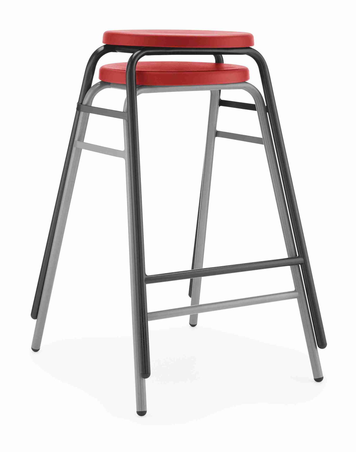 Hille Round Top stools in red with durable metal frame.
