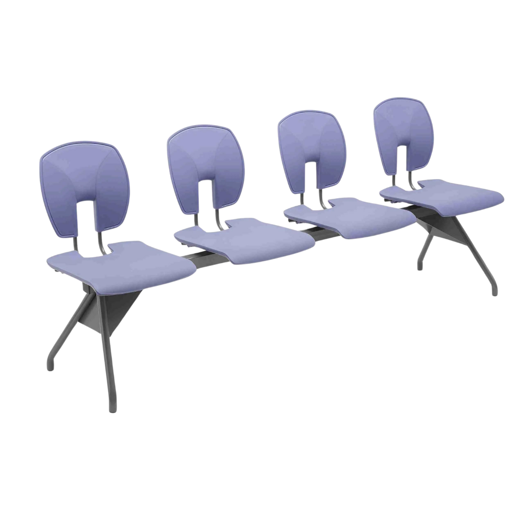 SE Beam Curve Seat System with four blue seats, designed for public spaces, offering excellent postural support.