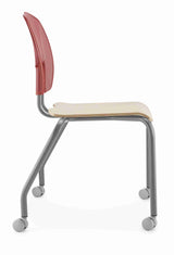 SE Motion Stacking Chair with red backrest and steel frame on castors.