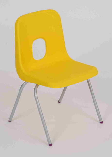 Yellow Series E Classroom Stacking Chair with four metal legs and a hand hole design.