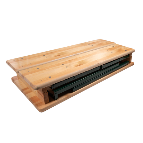 4ft Folding Festival Bench made from sustainable pine wood with steel folding legs, suitable for indoor and outdoor use.