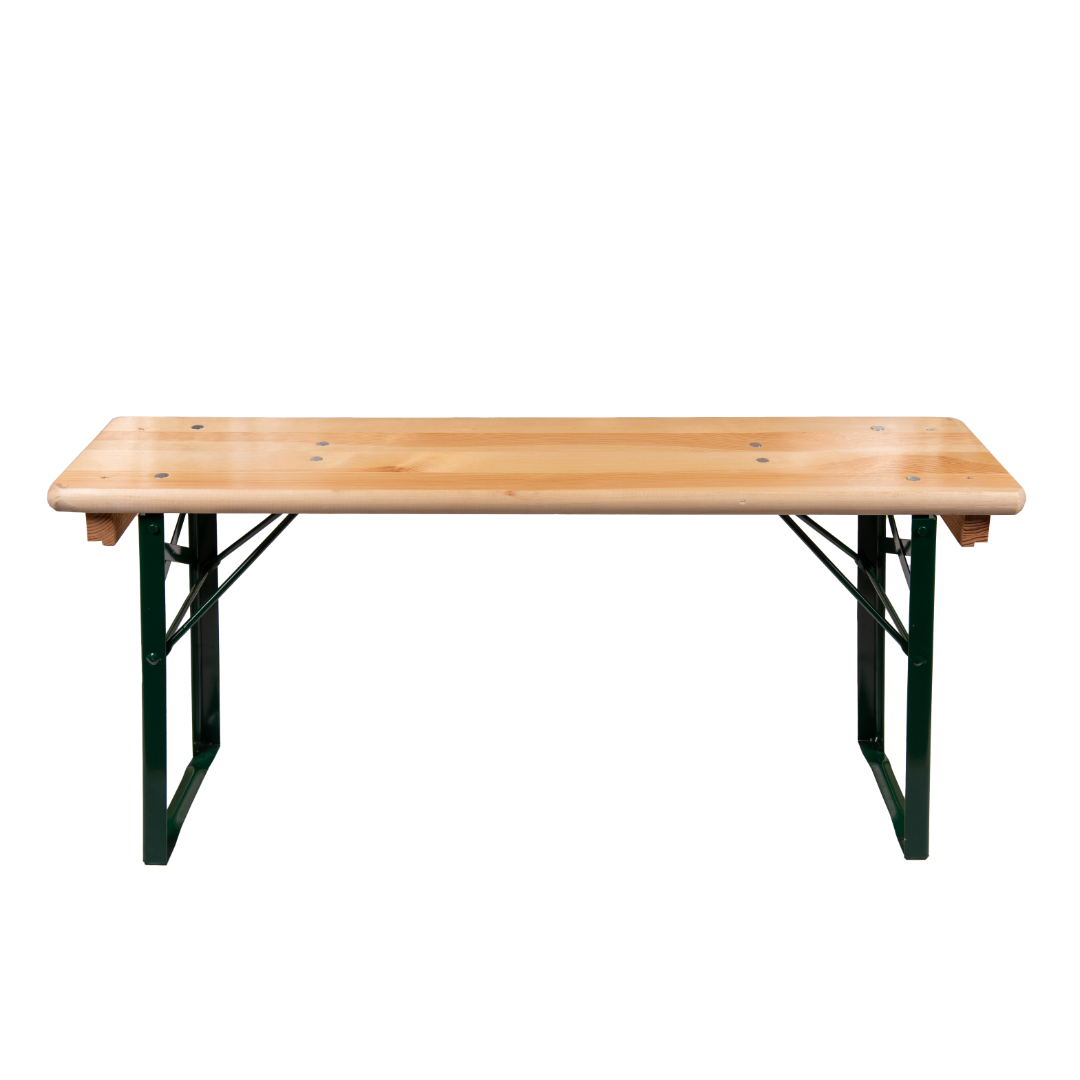 4ft folding festival bench with steel legs and sustainable pine wood top.