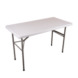 4ft solid polypropylene table with folding legs for indoor and outdoor use.
