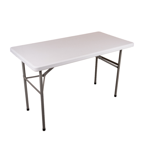 4ft solid polypropylene table with folding legs for indoor and outdoor use.