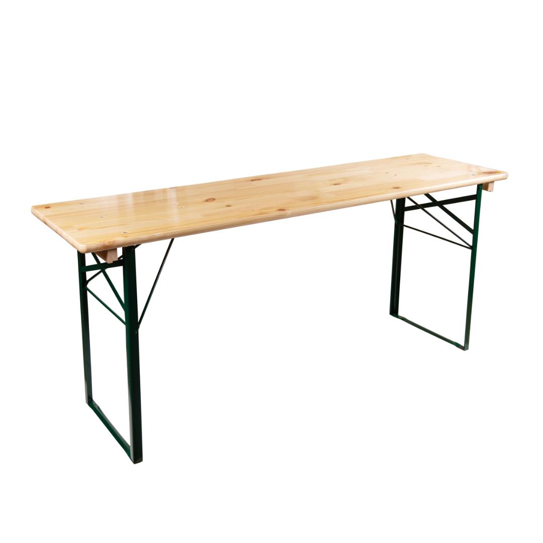 6ft Trestle Table with pine wood top and steel folding legs for indoor and outdoor use.
