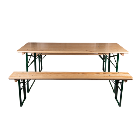 6ft wide folding festival table and bench set with durable pine tops and steel legs.