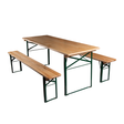 6ft wide festival table and bench set with pine wood tops and green steel folding legs.