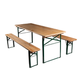 6ft wide festival table and bench set with pine wood tops and green steel folding legs.