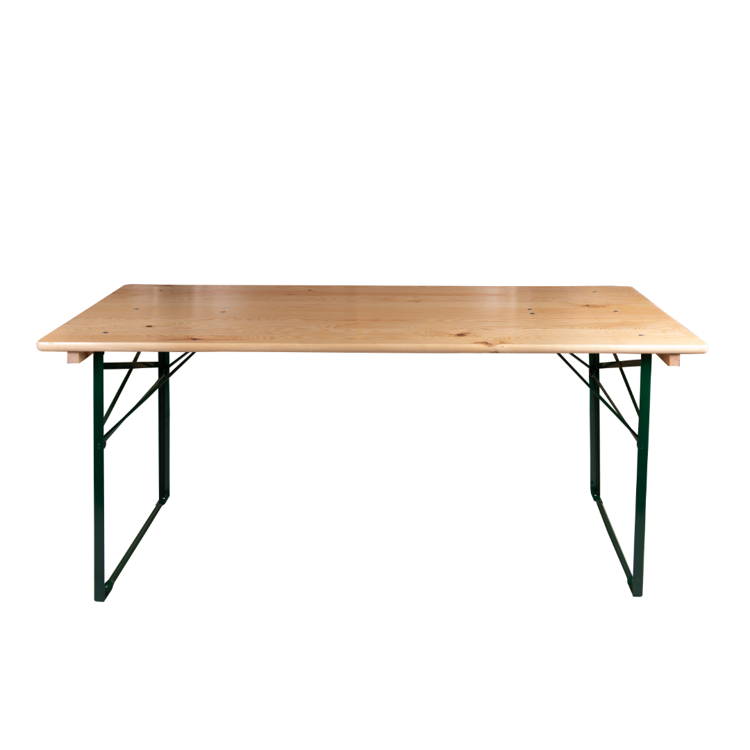 6ft Wide Trestle Table with steel folding legs and pine wood top, suitable for indoor and outdoor use.