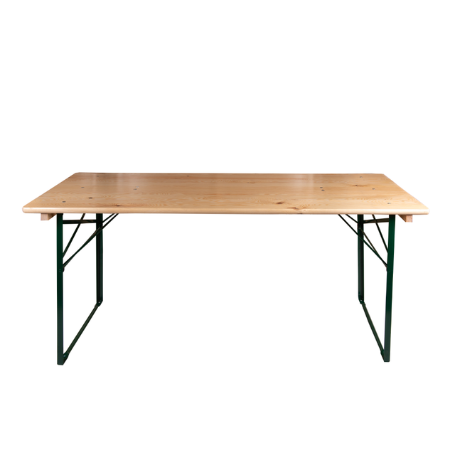6ft Wide Trestle Table with steel folding legs and pine wood top, suitable for indoor and outdoor use.