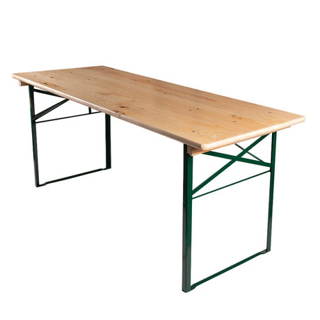 6ft wide trestle table with foldable steel legs and pine wood tabletop.