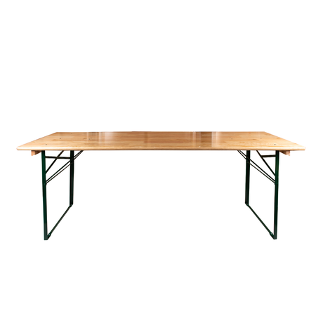 6ft wide trestle table with folding steel legs and pine wood top.
