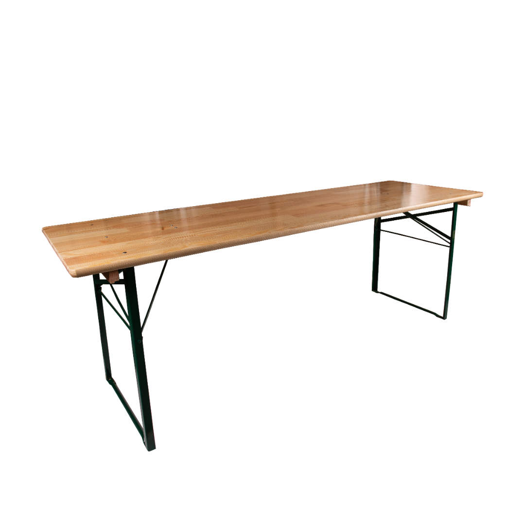 6ft wide trestle table with folding steel legs and pine tabletop.