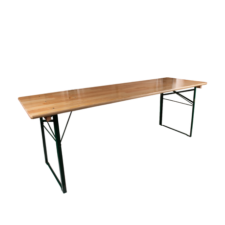 6ft wide trestle table with folding steel legs and pine tabletop.