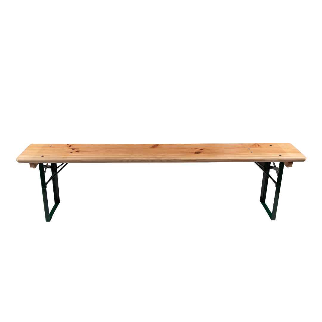 6ft folding festival bench made of pine wood with steel folding legs.