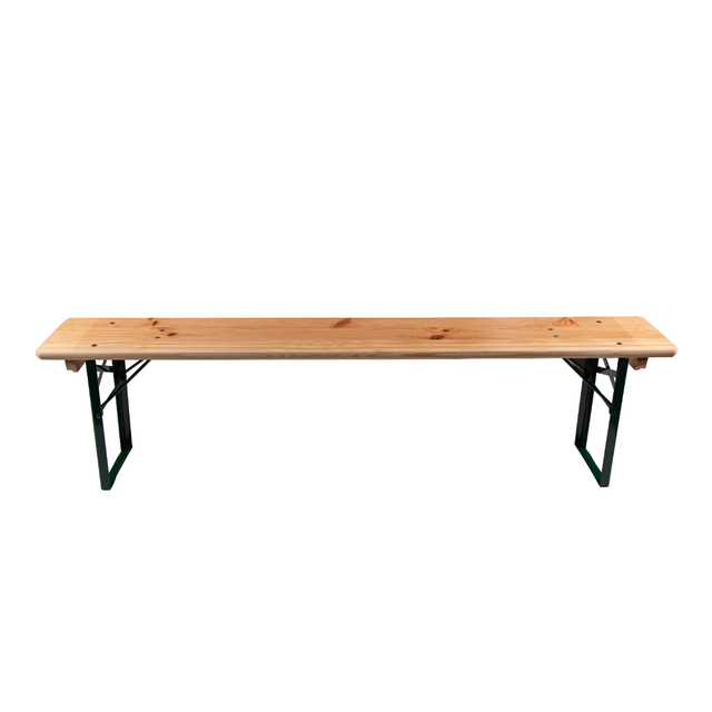 6ft folding festival bench made of pine wood with steel folding legs.