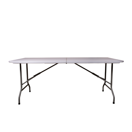 6ft 'Fold in Half' table with folding legs and durable polypropylene surface.