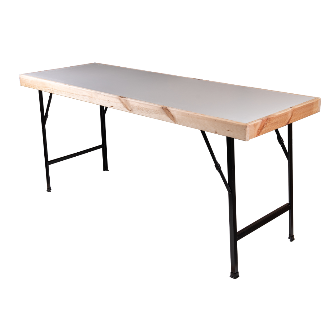Folding site table with melamine top, iron angle folding legs, and polypropylene feet, 6ft x 2ft.