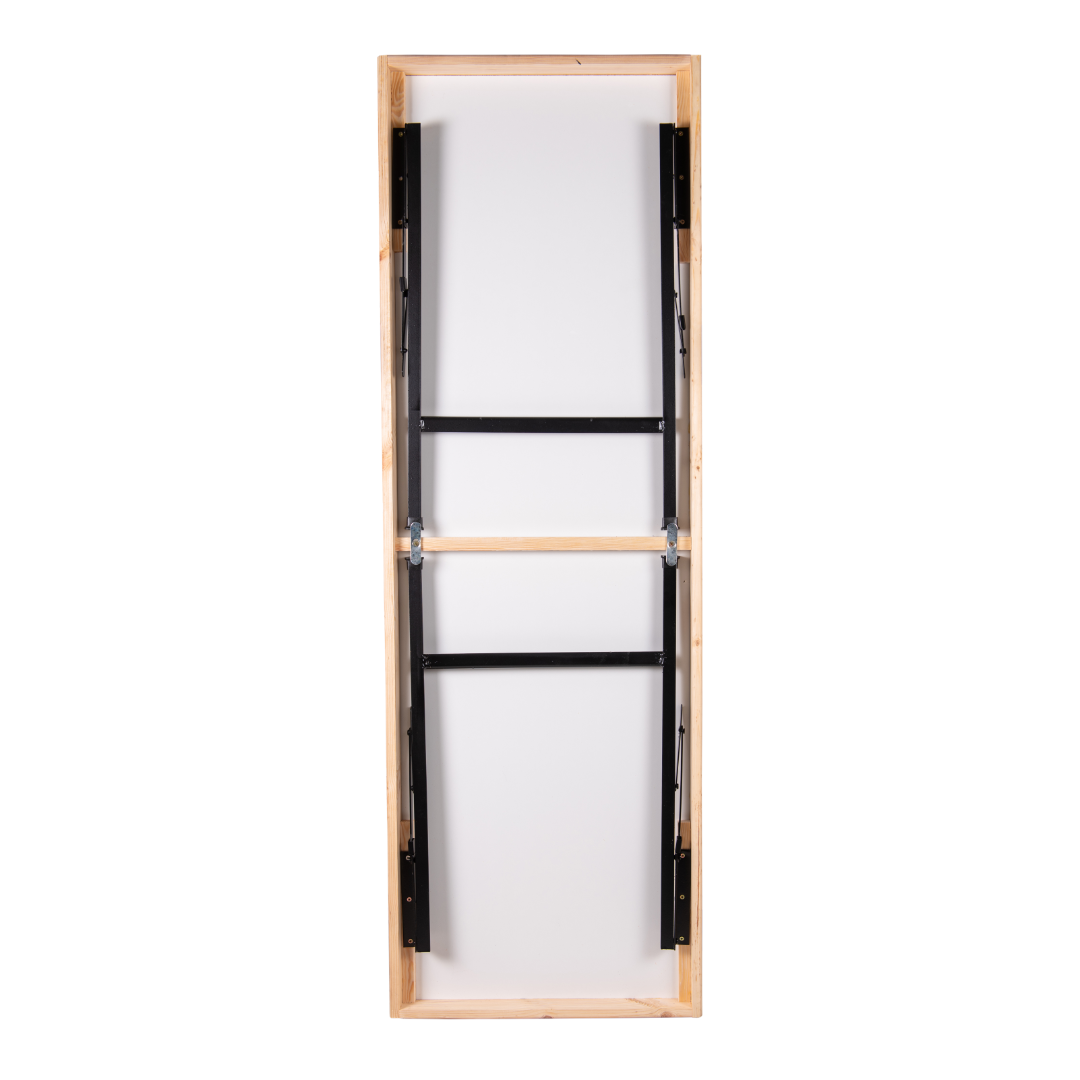 Folding site table with melamine top and iron angle folding legs.