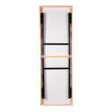 Folding site table with melamine top and iron angle folding legs.