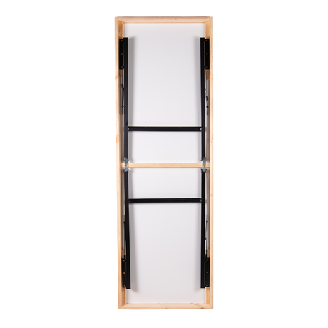 Folding site table with melamine top and iron angle folding legs.