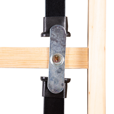 Folding site table with robust iron angle locking mechanism.